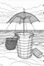 Placeholder: Outline art for coloring page, PICNIC BASKET ON A LONG BEACH TOWEL. TALL BEACH UMBRELLA, HAWAII BEACH, coloring page, white background, Sketch style, only use outline, clean line art, white background, no shadows, no shading, no color, clear