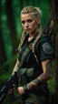 Placeholder: photorealistic hyperdetailed portait of an 18-year-old female as mercenary with long blonde and undercut hair with braids, tribal tattoos wearing modern mercenary uniform dark fantasy forest backdrop