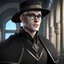 Placeholder: Hyper realistic human male with pale skin and wearing dark black stylish fantasy noble clothes, wearing a hat with glasses. with short blonde hair and blue eyes, looks confident and happy