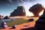 Placeholder: house, exoplanet in the horizon, big stones, cliff, science fiction, epic scene.