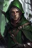 Placeholder: 35 year old male rogue elf, thief assassin, messy mauve hair, bright green eyes, brown skin, black hood, black leather, messy, disheveled, trees, sneaky, bow and arrows, long and lean