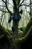 Placeholder: A group of black dark creatures hanging upside down from a tree without leaves . The tree skin is covered in moss and lichen, allowing it to blend seamlessly into its surroundings. Dark cave Spirits feed on the energy
