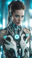 Placeholder: portrait of futuristic bionic kyborg woman, front view, symetrical photo, luminescent synthesis, biopunk, sci-fi, intricate details, light abstract blur background, white, cyan reflections, --ar 3:4 --style raw --stylize 350 --v 6