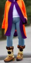 Placeholder: Brunette.thick thighs,thick calves,flat belly,curvy fell. big head. Mantle is sewed of upcycled Denim and sewed together of camouflage pieces. Pieces' color are orange, cream and purple. It is with big bright purple felt tippet and cream-colored-hood. mantle is merged with satchel. . Big AKG-style headphones (gold rings!) is merged with small felt cap with small visor. Style: Haute Couture in 1910's, N.Y.C fashion in 1996, inspired by street art 2023 Paris