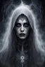 Placeholder: weird creature from white-grey fog , crepy evil ghost woman with dark shiny eyes looking at you, mystic dark matter, dark evil energy, Fibonacci sequence, dark shadows, black, grey dark colors, etheral, mist, esoteric, mystic dark sky, surreal, sensitive, sinister, dark fantasy, space between the living and the dead, crepy surreal mood, splash art, cinematic, 3d, intricately detailed, smoke, crepy stunning