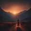 Placeholder: dark night, watching a woman from behind wearing a sleeveless dress who is walking towards a beautiful orange sunrise in the distance, mountains and forests around, photo quality, dark orange glow