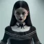 Placeholder: Female Jenna ortega black dress,soft goth libstick, wednesday addams family make up, brad double wig, dramatic lighting, highly detailed, volumetric lighting, unreal engine, 8k