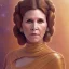 Placeholder: hyperspace background, complete and photo realistic detailed head to waist stunning photo realistic portrait of carrie fisher as Princess Leia in star wars with photo realistic minimal updo hair by Mandy Jurgens and mucha and Richard Schmid and chuck close and chie yoshii, extraordinary and detailed ceremony dress of star wars,brown eyes