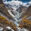 Placeholder: Los Glaciares National Park, Patagonia, Argentina, peaks with snow, river in th deeb canyon detailed trees with detailed branches an leaves and stones with moos in the foreground, phototralistic, autumcolors, blue sky with flyffy clouds, seen from th side from the top of a peak