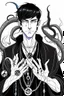 Placeholder: black haired young man necromancer wizard with gothic jewelry and tentacle fingers in the style of Aubrey Beardsley