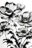 Placeholder: Ink drawing of large, surreal flowers, white background, black and white, negative space, no shading, minimalistic, highly detailed, realistic