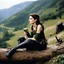 Placeholder: [high res photo by Helmut Newton, bokeh] youthful Winona Ryder as an elf in dusty armour drinking Miruvor in a carved goblet, she sits on a log on a hill, in front of a wonderful landcsape, she is bold and has no inhibition