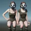 Placeholder: cute girls sitting at the computer in military gas masks. the masks are checkered.