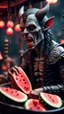 Placeholder: portrait of a vampire werewolf with mustage eating watermelon and the blood of fish on a viking ship, in the style of Giger,bokeh like f/0.8, tilt-shift lens 8k, high detail, smooth render, down-light, unreal engine, prize winning