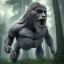 Placeholder: huge giant human hybrid bigfoot, grey black, destroying a tree in forest, angry, big muscles, big teeth, eating deer