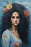 Placeholder: 1980, 16-year-old wonder woman, gray cotton sweater, ((1980's big hair, long, teased up Spikey Motley Crue style hair)), black hair, facial portraits, foggy, cloudy blue wall with assorted designs and multiple floral arrangements in the background, 4k, 8k, 16k, 32k, 100k UHD, Ultra-Hyper Resolution, dark, sultry eyeshadow, eyeliner, mascara, rouge, lipstick