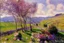 Placeholder: Sunny day, clouds, spring trees, spring influence, flowers, grass, prairie, stone walls, mountains, camille pissarro impressionism paintings