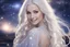 Placeholder: very beautiful cosmic women with white long hair, smiling, with cosmic dress and in the background there is a bautiful sky with stars and light beam