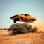 Placeholder: dramatic angle, dukes of hazard's general lee super car jumping over a bush in a dusty field