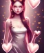 Placeholder: girl, happy, smiling, surrounded by hearts, black hair, long hair, brown eyes, portrait, pink dress