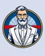 Placeholder: A circular logo with a vector of a handsome groom or beard and mustache with a formal suit at the top of the logo in a blue, red, white, gold, and silver color theme.