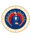 Placeholder: A circular logo with a vector of a groom in a suit at the top of the logo in a blue, red, white and gold color theme.
