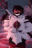 Placeholder: The character, in a striking white armour against a wintry backdrop stands with his arms behind his back inside the scene, he has a red and black circular symbol on his chest like a shield, a black pointed spear with a red handle on his back, His eyes are showing a dynamic expression and he wears a black oni with white sharp teeth on it covering the bottom part of his mouth he has brown shoulder pads and a white belt with a bag attached to it. He has dark brown hair, he does not wear a helmet.