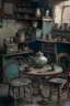 Placeholder: An old shop with three chairs and a table, and on the table a teapot and cups. There is a balance, scrap, iron and some old metal in the shop.