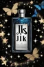 Placeholder: The design of a black perfume bottle as a galaxy of stars and a blue butterfly containing the word jiks