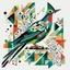 Placeholder: The image features a cuckoo bird with an open beak, like a cuckoo, on a white background, which is depicted in an abstract and geometric style with minimal elements, with elements of Neo-Cubism and Fauvism, using vivid colors and bold lines. The bird is depicted using a minimum of different shapes and patterns, for example its wing is green with black dots. The bird's surroundings are made up of various geometric shapes that harmoniously complement the overall picture. The overall impression is