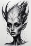 Placeholder: A realistic drawing in negative space black ink on white background of a beautiful goth alien with abstract brushstrokes face tattoos to enhance her face