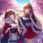 Placeholder: Clear focus,8k,Beatiful Lighting,Beatiful Blur,Beatiful Shading,Brown long hair,fluffy hair, long fluffy bangs, Brown eyes, wearing a top half of a kimono but under is a short skirt, cherry blossom falling, detailed clothes, circles near the end of her sleeves, skirt gets darker,bandage near arm