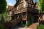 Placeholder: large medieval gothic, wooden inn, with a balcony, next to a sloping, cobbled road, in a wood, dense foliage, photo-realistic