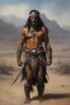 Placeholder: head to waist - native American Indian werewolf - craggy desert wasteland background, 32k, UHD, Hyper-realistic oil painting by Gerald Brom