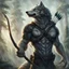 Placeholder: an anthropomorphic wolf man in just full furry wolf body hair and wearing just a dark belt around his chest holds a bow in his paw, quiver with arrows on his shoulder and looking warlike the horizont, blur background with giant alien trees, rainy day, detailed, cinematic, sci-fi, fantasy mood