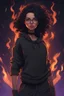 Placeholder: A 27-year-old young gentle woman,realistic, with curly black hair, a thick chin, and wearing glasses, black clothes, hoodi, cry,cyberpunk, smart face, Confident smile, with fire powers