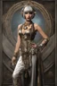 Placeholder: Creation: full body and headshot of a skinny Cleopatra, with a silver bob hairstyle, standing in a steampunk setting.