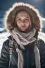 Placeholder: A 23 year old german girl with a serene expression stands proudly atop a majestic snow-covered mountain, bundled up in warm winter clothes to shield against the chill. Their face with pale skin, illuminated by the brilliant sunlight on this beautiful day, captivates the viewer with its genuine beauty. This stunning photograph, taken with a Fujifilm XT3 camera, captures every intricate detail of their features in astonishingly high resolution – an impressive 8k UHD RAW photo. The image carries a