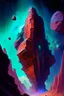 Placeholder: Towering starship fortress in red canyon with blue and green mineral rocks nebula starry sky painterly rpg art