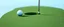 Placeholder: macro photo of a golf green, golf ball with shadow next to the hole(circular), ground is short groomed green grass, clear blue sky, add texture and depth, realism