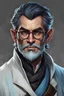 Placeholder: A painting concept art of a dungeons and dragons character, Firbolg race, male middle age, rough face, pale blue skin, short black hair, doctor, doctor clothes, glasses,1800s, western, old west