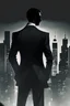 Placeholder: Generate an image where the man in the black suit and tie is standing in a modern cityscape. The background should consist of tall, glass skyscrapers, with lights illuminating the city at night. The man should be positioned in the foreground, with his back slightly turned towards the viewer, as if he is observing the city below. His confident stance and the sleekness of his suit should convey a sense of power and sophistication.