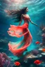 Placeholder: A graceful dancer wearing flowing skirts, in bright beautiful colors, underwater in a crystal clear jade colored ocean. Her long dark hair is flowing behind her. Bright coral and sea plants in the background. High resolution, high quality, 8k ultra high definition, high key realism, full body shot, contemporary art style