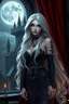 Placeholder: super beauty woman, cute big bubs, nice body, white long haired, gothic style, milf, rude mode, stay into a dark castle, moonlight on window, red courtain, high resolution image, intrincate details, view front