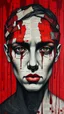 Placeholder: Bosch style painting , A face in details on red bloody background. The texture of the face is a collage of many peace’s of newspaper parts