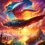 Placeholder: A zeppiln flying in a fantasy sky next to dragons and other fantasy creatures. Light, Sunset, Happy, Fantasy. In a hell like environment Magical. Epic. Dramatic, highly detailed, digital painting, masterpiece