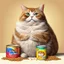 Placeholder: smug-looking fat cat in front of a open can of cat food with a can opened laying on the table next to it, realistic, whimsical, colorful, digital art, by Hugh Kretschmer