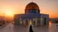 Placeholder: A Palestinian woman wearing an embroidered dress with the Dome of the Rock in front of her during sunset in winter.