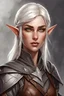 Placeholder: woman elf, adventurer, natural, with short platinum blonde straight hair to shoulders, symbol of d&d warlock on forehead, grey eyes, thin lips, drawing style, leather clothes