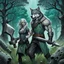 Placeholder: an anthropomorphic wolf-man hybrid in dark gray body hair and anthropomorphic wolf-female hybrid with pale gray body hair carrying a blacksmith's anvil in a blue-green meadow, in the background trees with huge trunks rainy day, high contrast, high detail, atmospheric, dark fantasy, sci-fi atmosphere